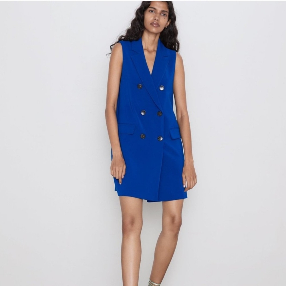 Zara Royal Blue Sleeveless Double-Breasted Vest Mini Dress Size S